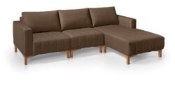 Brown fabric sectional sofa with chaise on the right, supported by light wood legs and three back cushions on a white background.