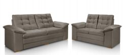 Two-piece living room set: a tufted taupe leather sofa and a matching loveseat with cushioned arms with wooden feet (pair).