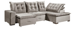Beige L-shaped sectional sofa with tufted back cushions and built-in storage drawers under the center seats, plus a right chaise.
